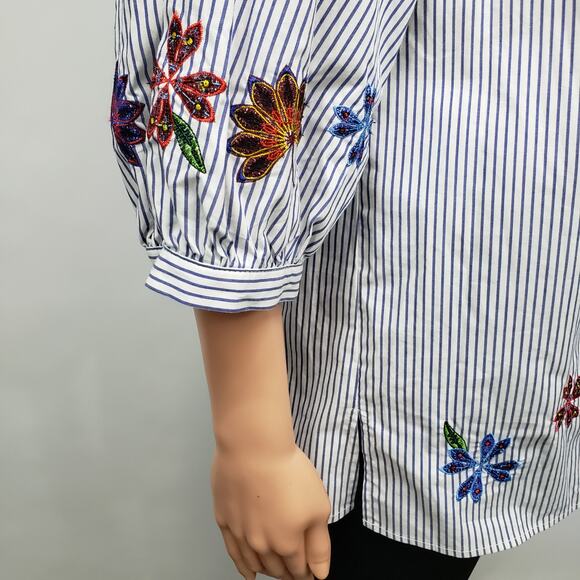 Eloquii Blouse Tunic Top Plus14 Blue White Pinstriped Floral Embroidered Boho - Picture 8 of 14